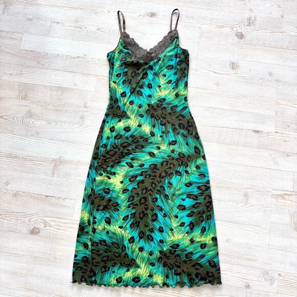 Vintage 90's Y2K Guess‎ Mesh Lace Trim Slip Dress | Leopard Green/Blue Smal - Picture 1 of 9